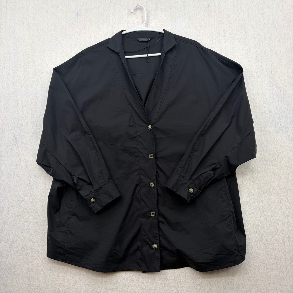 Zara Womens Black Oversized V-Neck Button Down Shirt Notched Collar Size M
